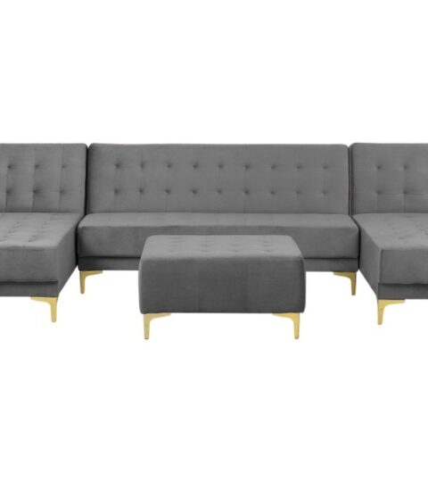 Sofas Beliani  | 5 Seater U-Shaped Modular Velvet Sofa With Ottoman Grey Aberdeen